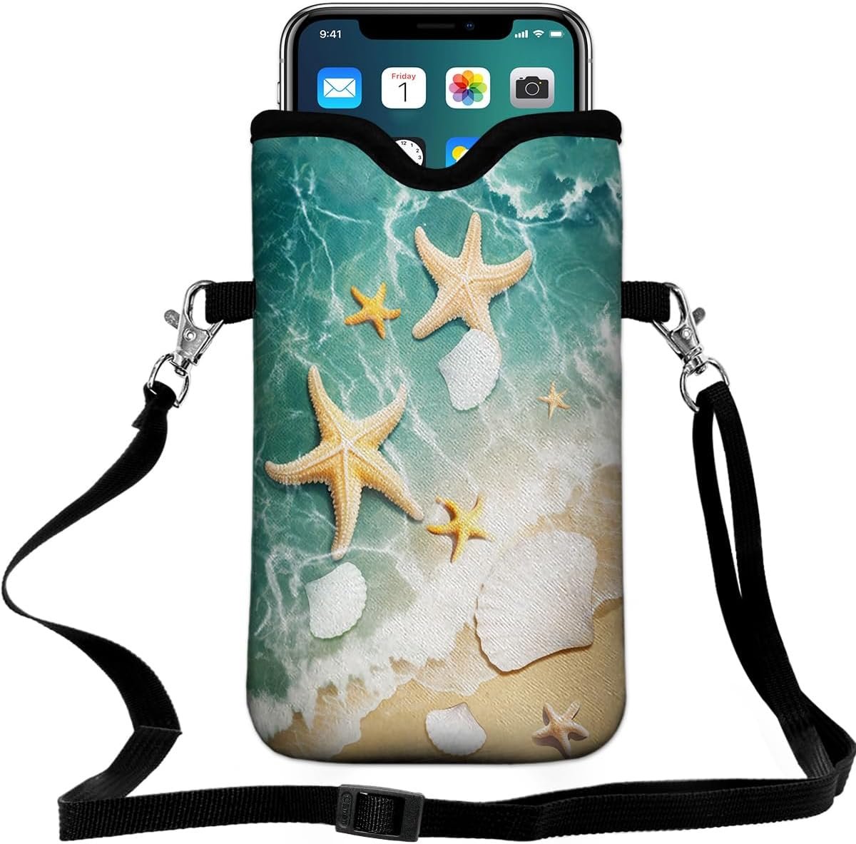 61KGh8YjTkL._AC_SL1200 Universal Neoprene Cell Phone Pouch 7.1 X 4 in Mobile Protection Case Bag with Crossbody Strap/Neck Lanyard Beach Starfish Shells