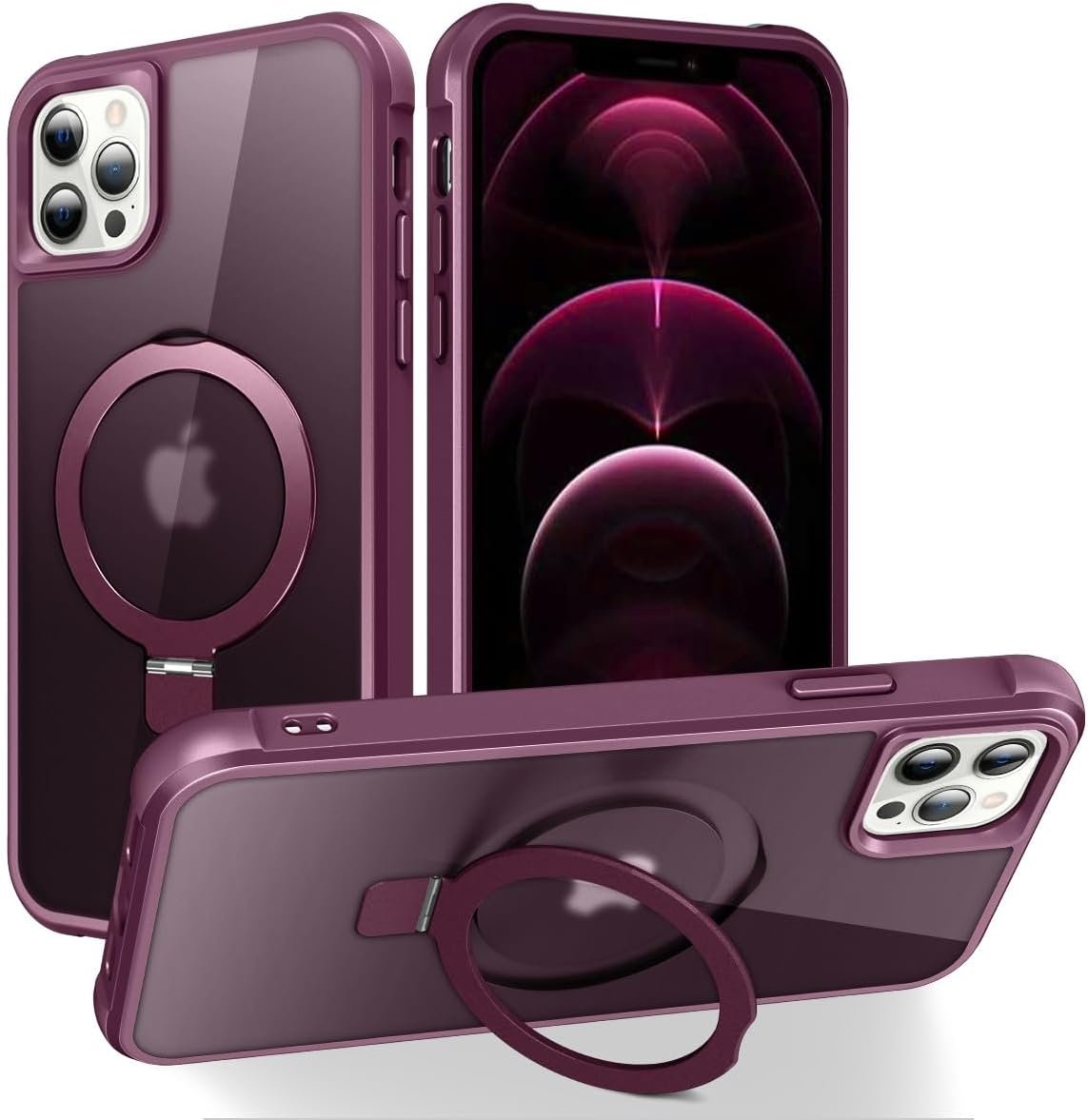 Magnetic Compatible with iPhone 14 Case with Stand [Military Grade Drop Tested][Compatible with Magnet] Ring Translucent Slim Hard Back Soft Edge, Rose Red