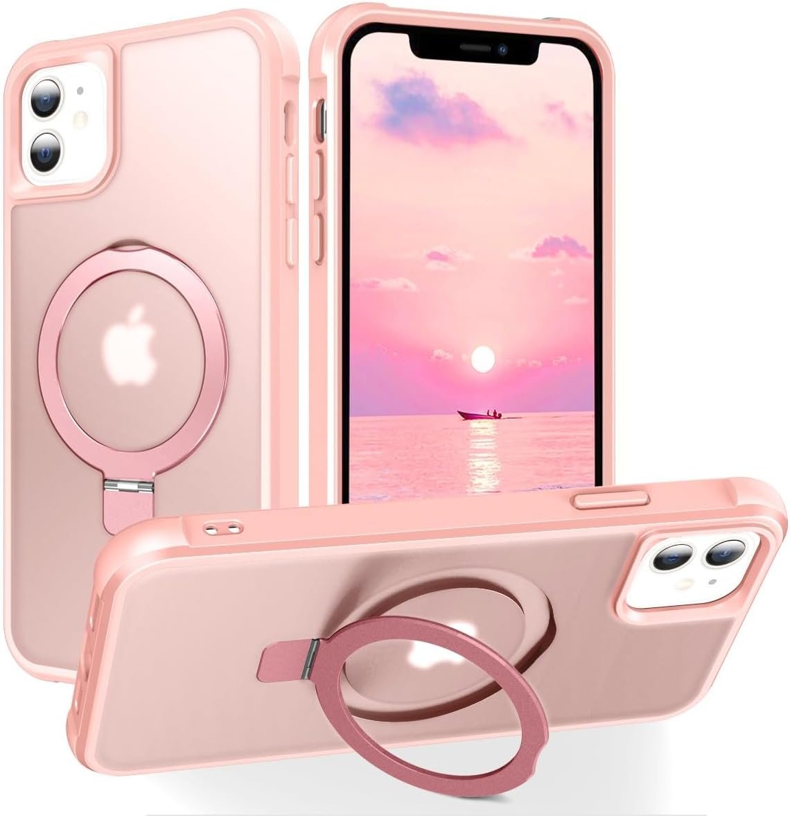 Magnetic Compatible with iPhone 14 Case with Stand [Military Grade Drop Tested][Compatible with Magnet] Ring Translucent Slim Hard Back Soft Edge, Rose Red