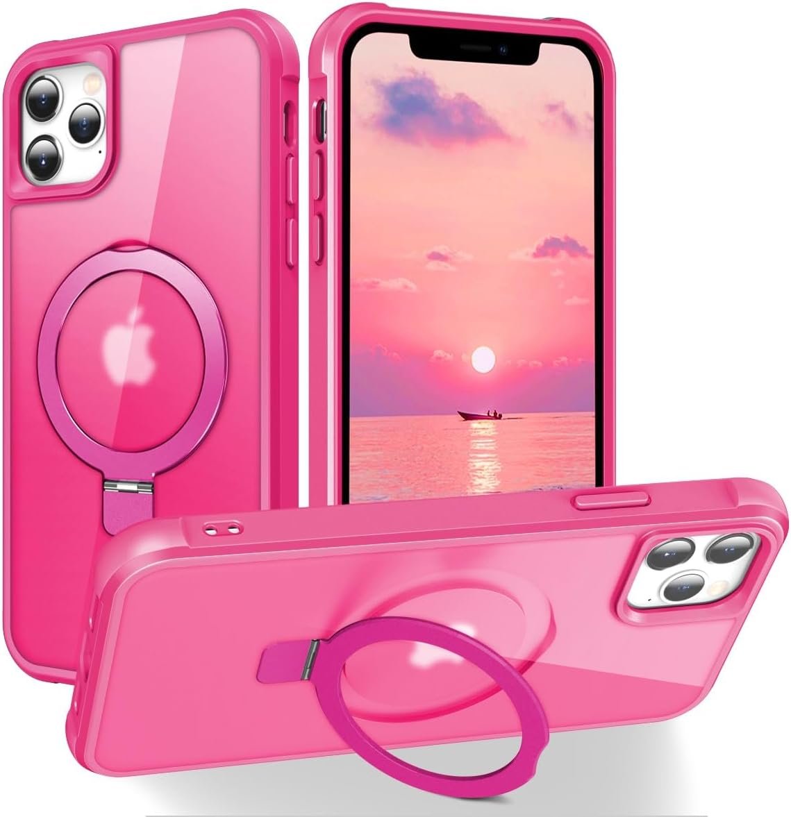 Magnetic Compatible with iPhone 14 Case with Stand [Military Grade Drop Tested][Compatible with Magnet] Ring Translucent Slim Hard Back Soft Edge, Rose Red