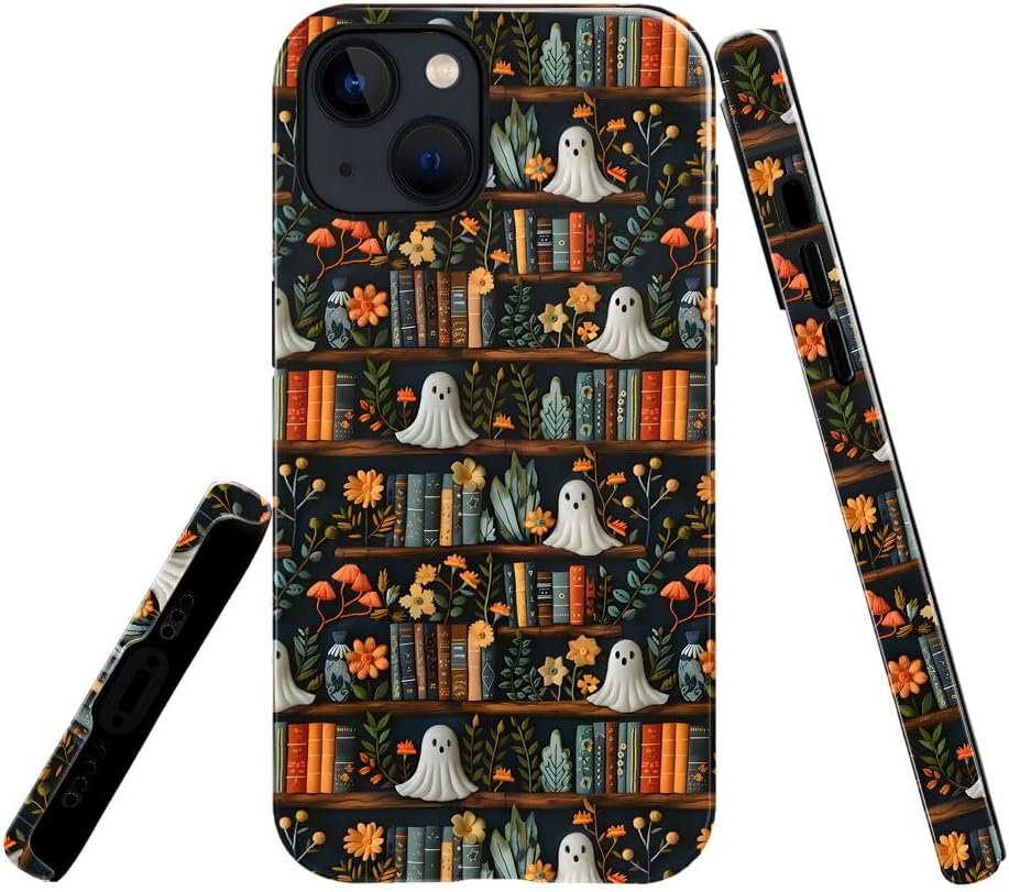 Compatible with for iPhone 15,Spooky Ghosts On Bookshelf Halloween Phone Case for iPhone 15,Scratch Resistant Hybrid 2-Layer Hard Shell Bright Phone Case