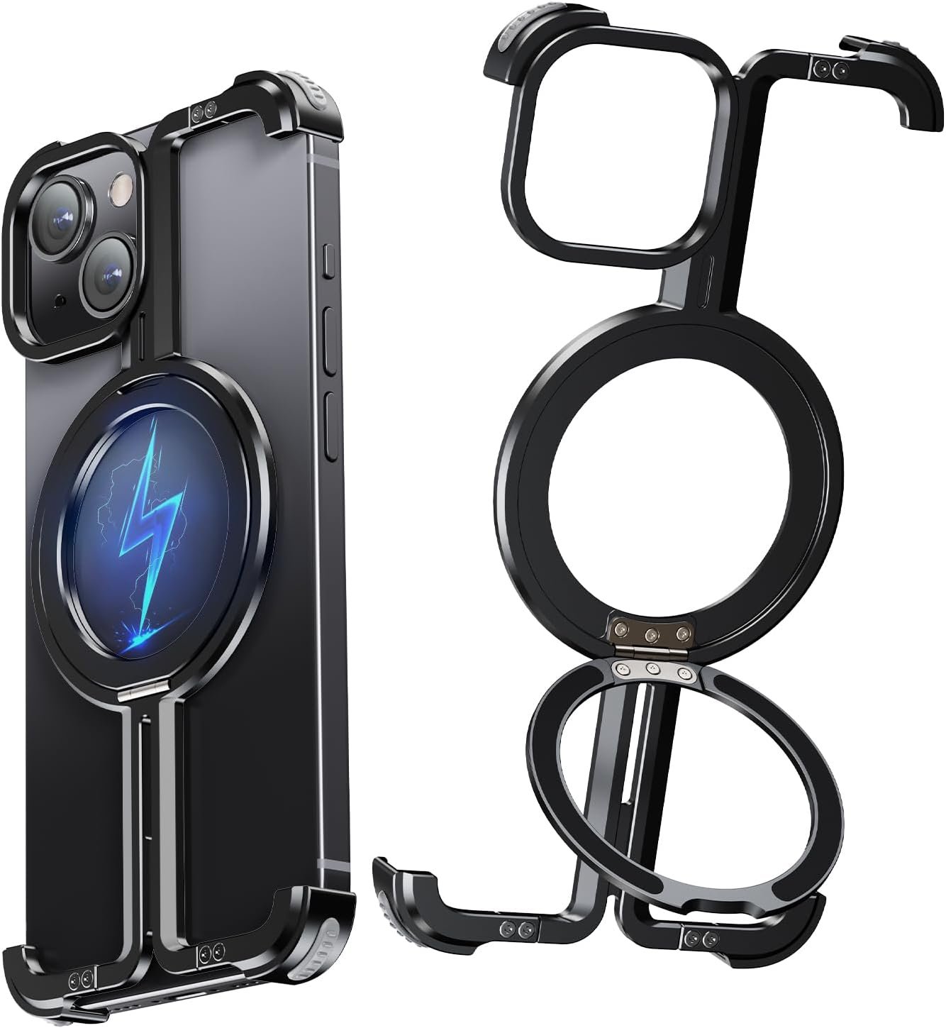 for iPhone Frameless Case with Magsafe, Magnetic Shockproof [Aerospace Grade Protection] Anti-Scratch Anti-Fingerprint Aluminum Shells with Built-in Kickstand (Natural Titanium, 15 pro max)