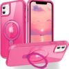 Magnetic Compatible with iPhone 14 Case with Stand [Military Grade Drop Tested][Compatible with Magnet] Ring Translucent Slim Hard Back Soft Edge, Rose Red