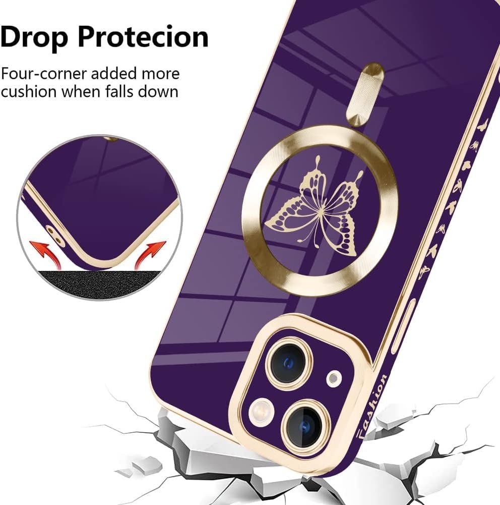 Innovatemee Magnetic Case Designed for iPhone 13 Compatible with MagSafe Wireless Charging,Cute Butterfly Phone Bumper Cover with Camera Lens Protector for Women Girls Men 6.1"- Purple
