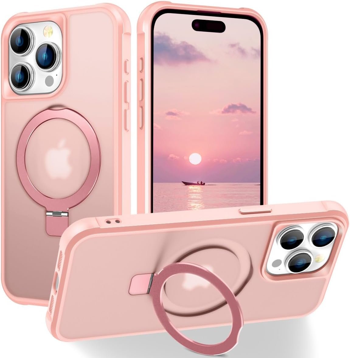 Magnetic Compatible with iPhone 14 Case with Stand [Military Grade Drop Tested][Compatible with Magnet] Ring Translucent Slim Hard Back Soft Edge, Rose Red