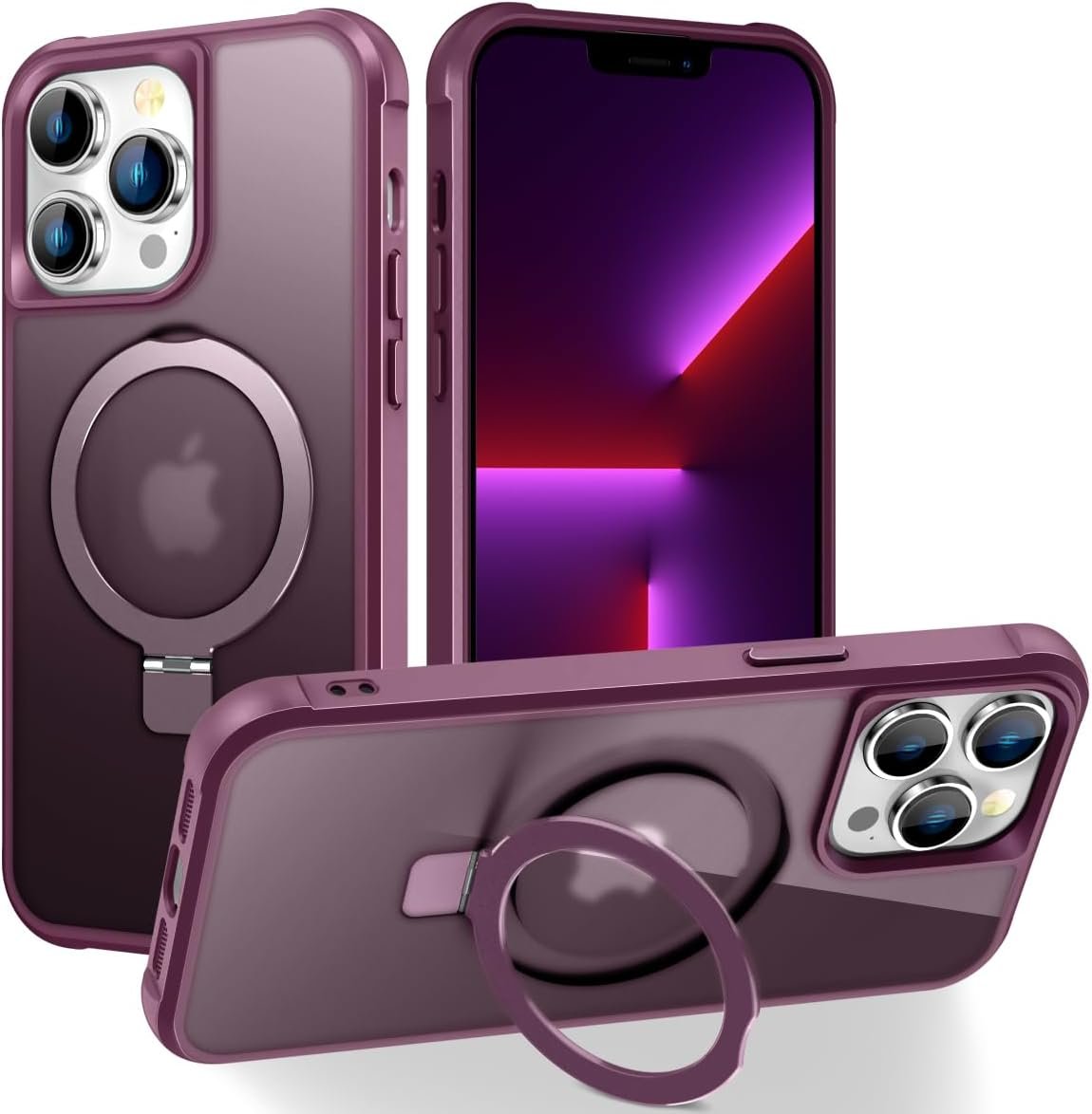 Magnetic Compatible with iPhone 14 Case with Stand [Military Grade Drop Tested][Compatible with Magnet] Ring Translucent Slim Hard Back Soft Edge, Rose Red