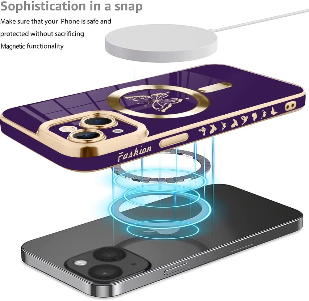 Innovatemee Magnetic Case Designed for iPhone 13 Compatible with MagSafe Wireless Charging,Cute Butterfly Phone Bumper Cover with Camera Lens Protector for Women Girls Men 6.1"- Purple