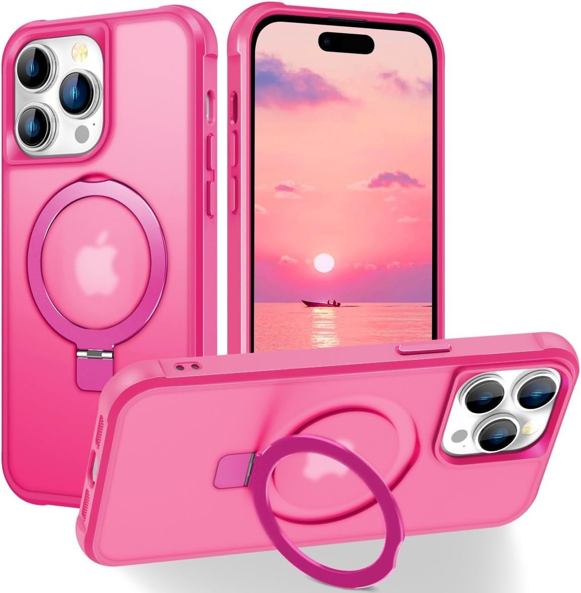 Magnetic Compatible with iPhone 14 Case with Stand [Military Grade Drop Tested][Compatible with Magnet] Ring Translucent Slim Hard Back Soft Edge, Rose Red