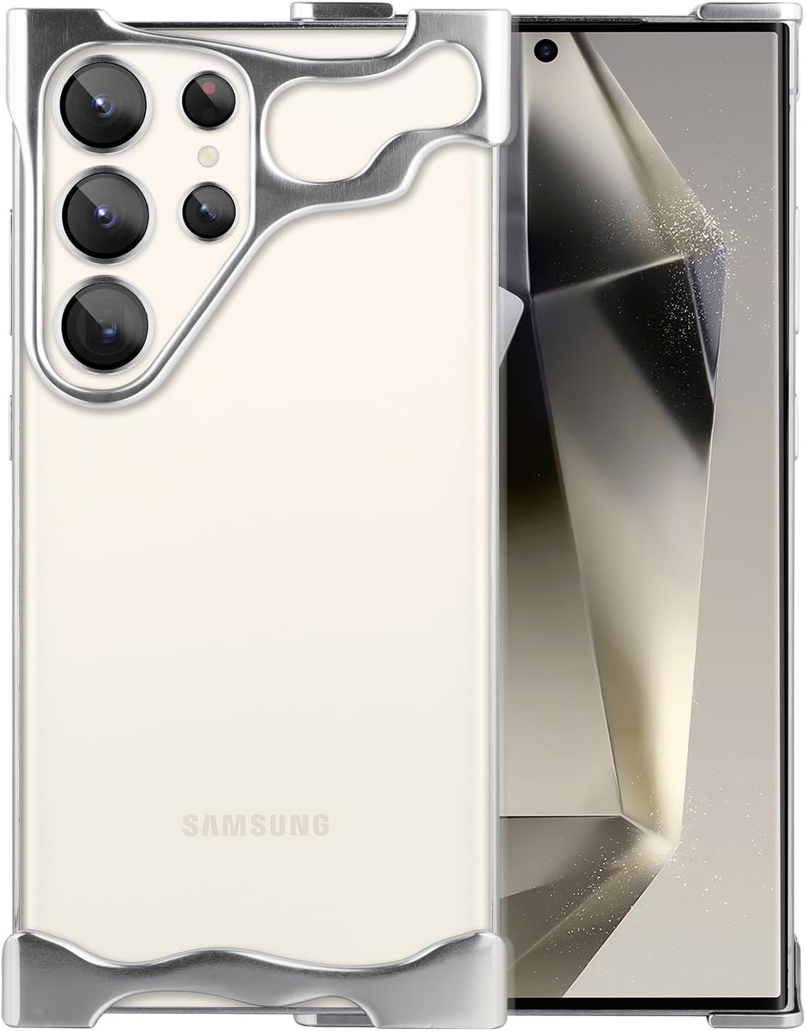 Frameles Phone Case for Samsung Galaxy S24 Plus Phone Case Minimalist Protective Shock Absorption Aerospace Grade Aluminum Shells + Elastomer Inlays Easy Fit (Aluminum Polished Silver)