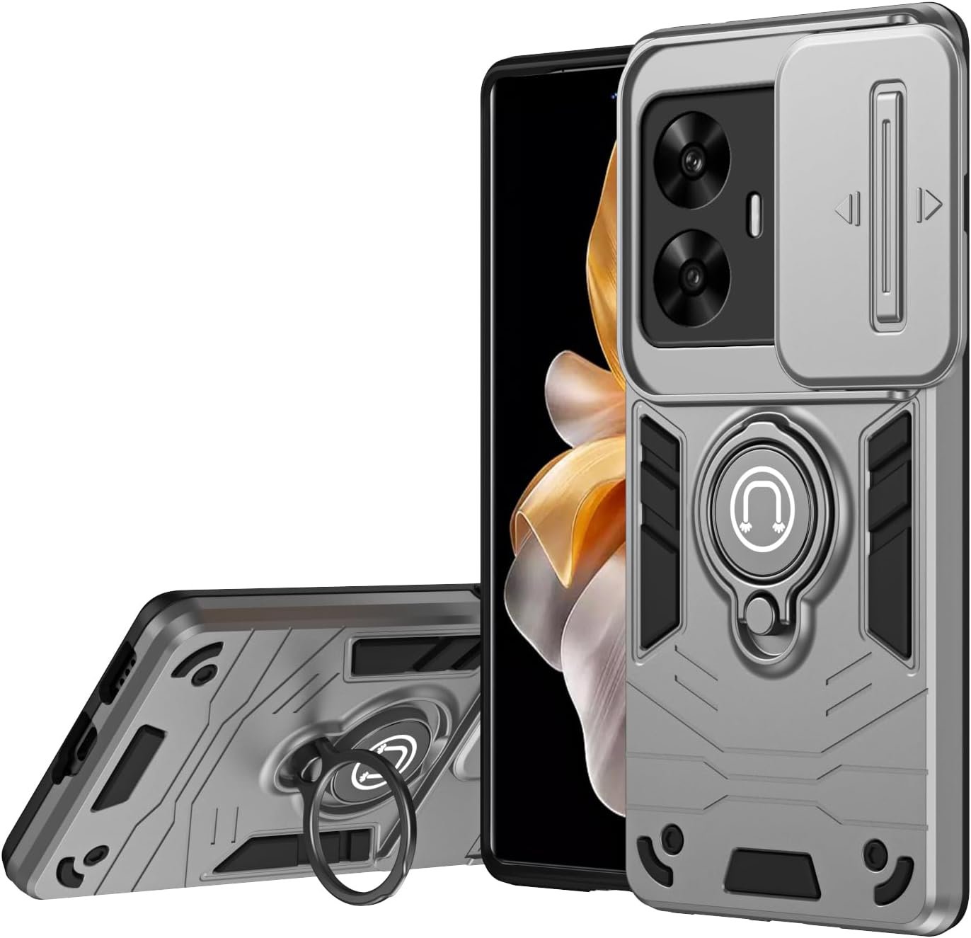 Compatible with 11 F 5G / F25 Pro 5G Bracket Shell,Camera Lens Protection Kickstand Car Mount 2 in 1 Anti-Fall Phone Case Cover Black