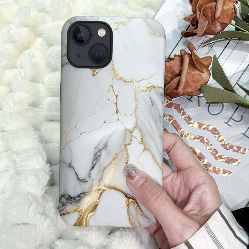 61a_Bw2f8yL._AC_SL1000 Phone Case Compatible with iPhone 14 Plus Case,Hybrid 2 Layer PC Hard Shell + Silicone Protective Case, White Gold Marble Scratch-Resistant Shockproof Cover for iPhone 14 Plus