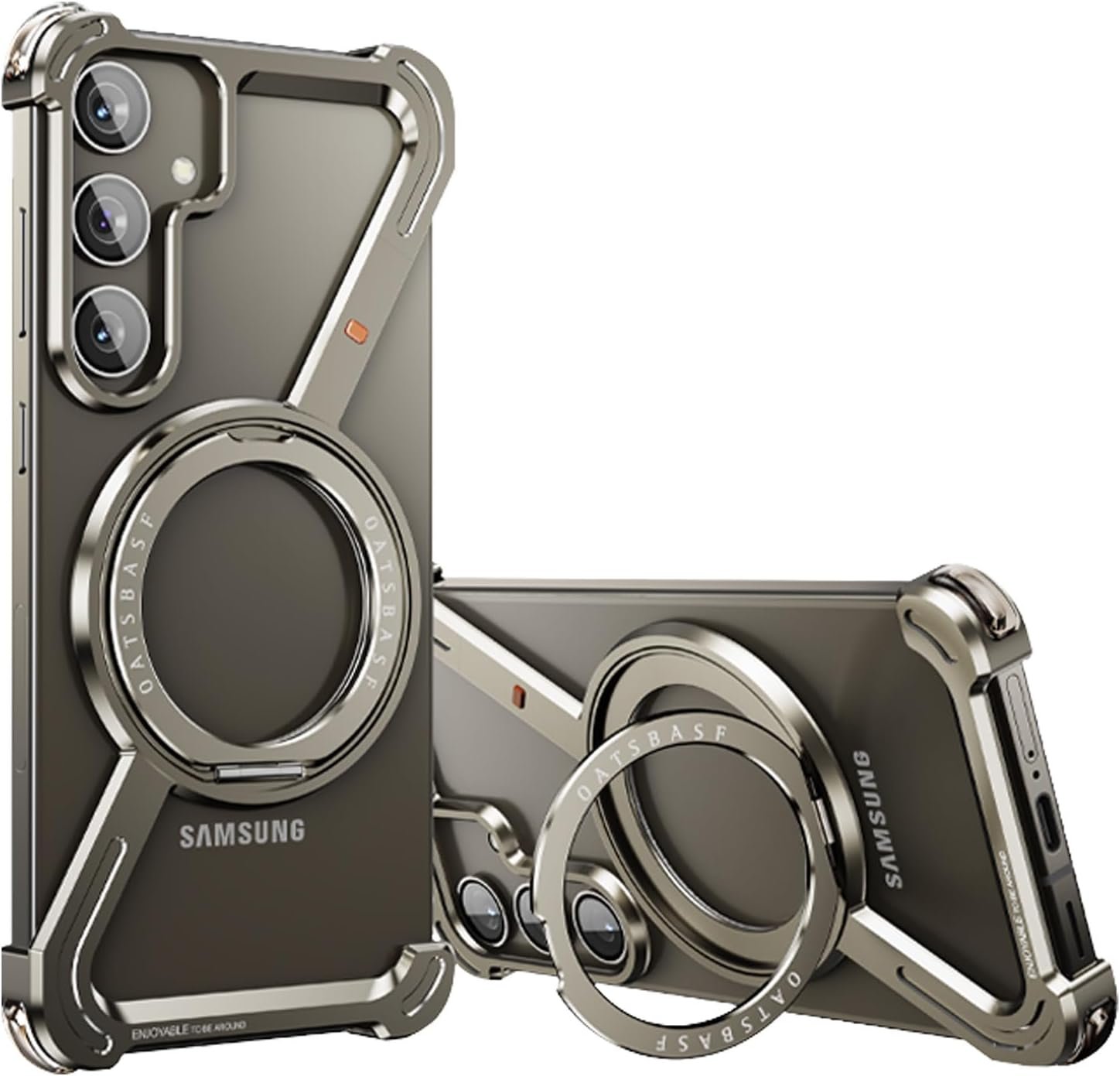 Phone Case Compatible with Samsung Galaxy S24, 360° Rotation Kickstand Aluminum Metal Frameless Design Bumper Case, Protective Shock Grade Shell, Natural Titanium