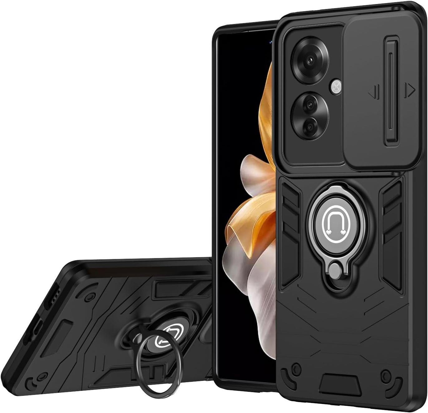 Compatible with 11 F 5G / F25 Pro 5G Bracket Shell,Camera Lens Protection Kickstand Car Mount 2 in 1 Anti-Fall Phone Case Cover Black