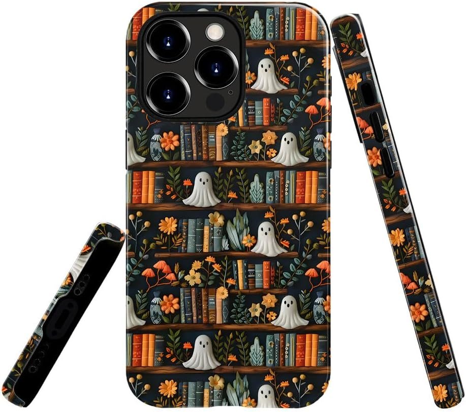 Compatible with for iPhone 15,Spooky Ghosts On Bookshelf Halloween Phone Case for iPhone 15,Scratch Resistant Hybrid 2-Layer Hard Shell Bright Phone Case