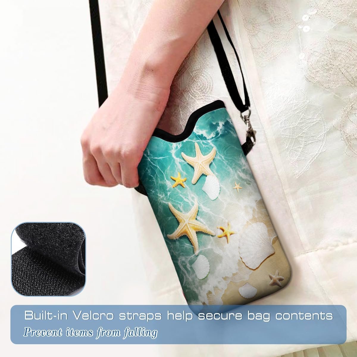 Universal Neoprene Cell Phone Pouch 7.1 X 4 in Mobile Protection Case Bag with Crossbody Strap/Neck Lanyard Beach Starfish Shells
