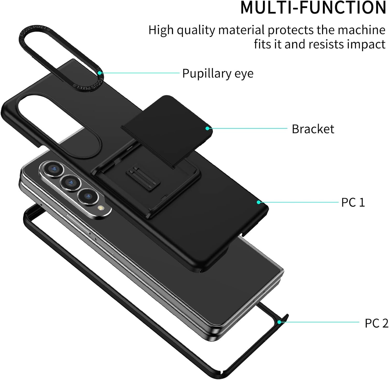 Case for Samsung Galaxy Z Fold 4, [Adjustable Bracket] Shockproof PC Shell with Lens Protection Cell Phone Cover, Black