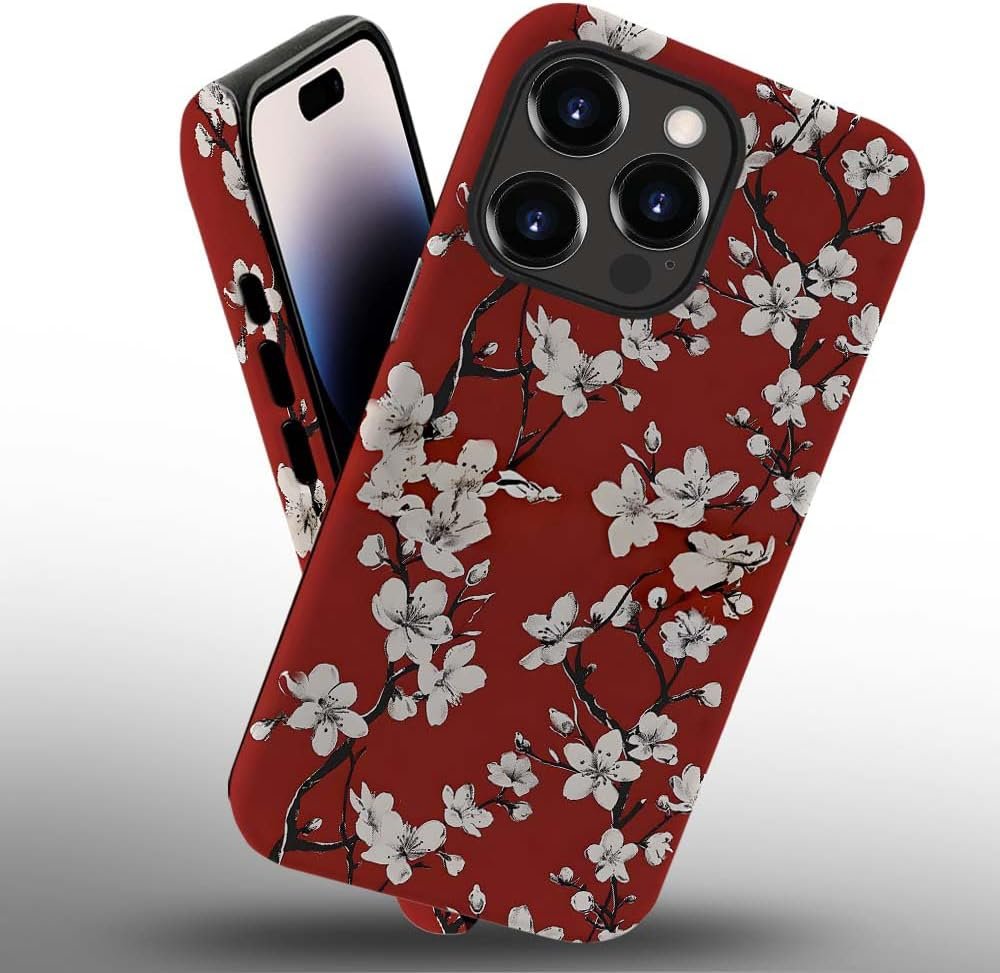 61i26XLDjIL._AC_SL1000 Phone Case Compatible with iPhone 14 Pro Max Case,Hybrid 2 Layer PC Hard Shell + Silicone Protective Case, Vintage Red Cherry Blossom Scratch-Resistant Shockproof Cover for iPhone 14 Pro Max