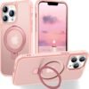 Magnetic Compatible with iPhone 14 Case with Stand [Military Grade Drop Tested][Compatible with Magnet] Ring Translucent Slim Hard Back Soft Edge, Rose Red