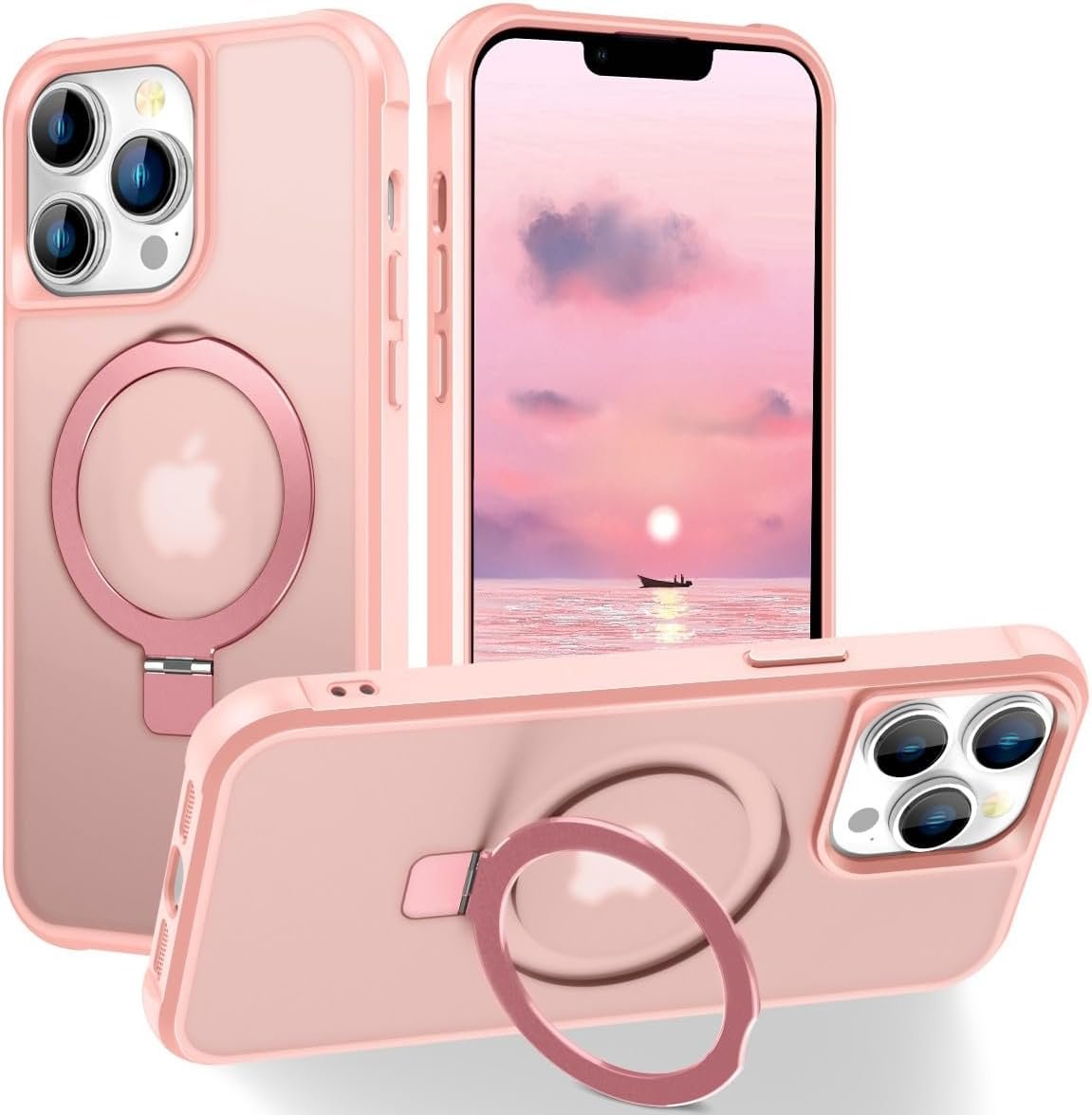 Magnetic Compatible with iPhone 14 Case with Stand [Military Grade Drop Tested][Compatible with Magnet] Ring Translucent Slim Hard Back Soft Edge, Rose Red