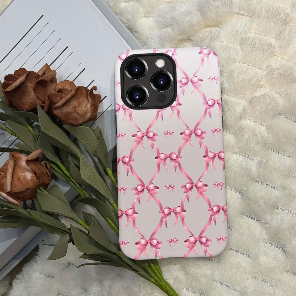 for iPhone 15 Pro Case,HH2 Pink Bow Ribbon Hybrid 2 Layer Hard Shell Silicone Protective Pattern Design Case