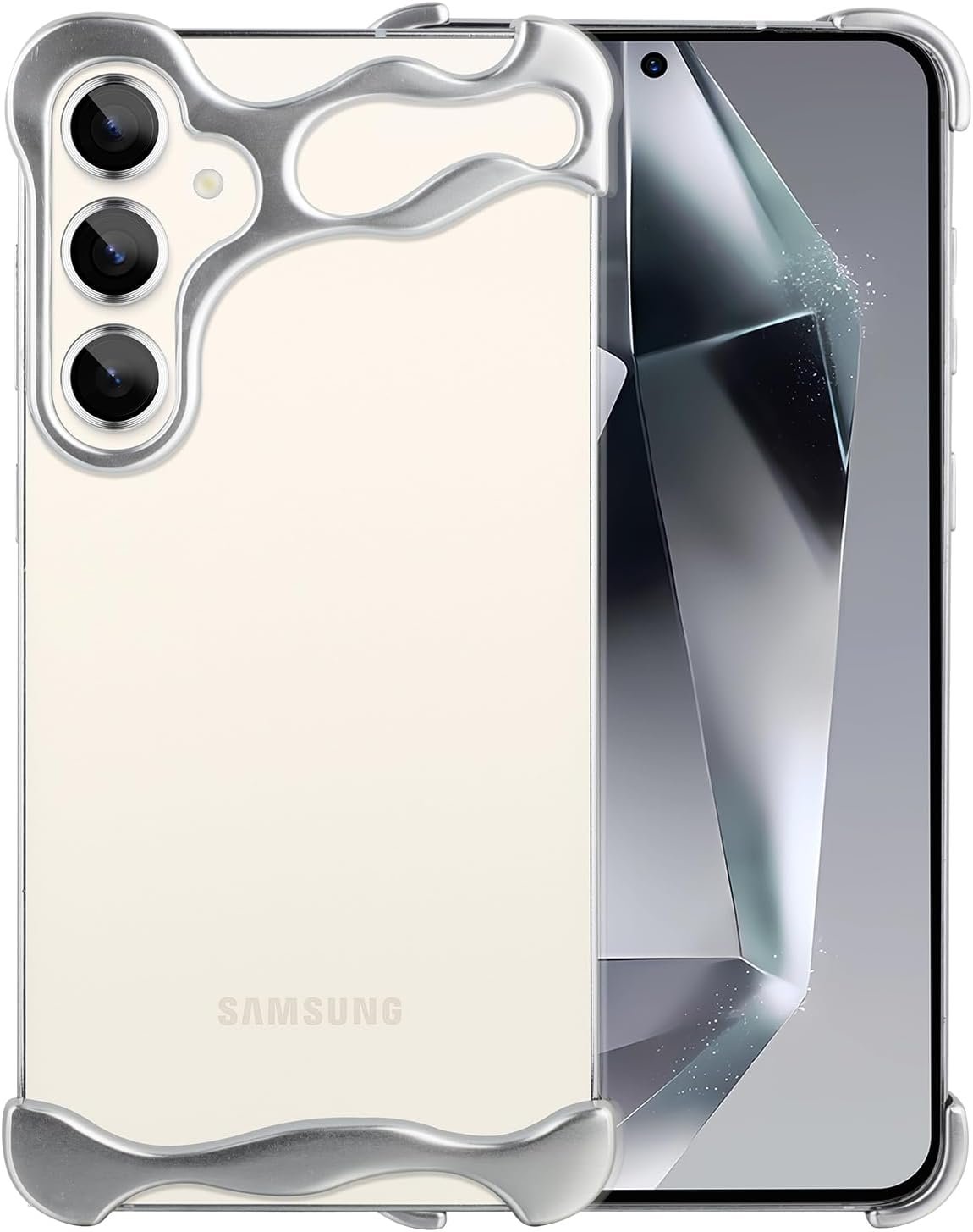 Frameles Phone Case for Samsung Galaxy S24 Plus Phone Case Minimalist Protective Shock Absorption Aerospace Grade Aluminum Shells + Elastomer Inlays Easy Fit (Aluminum Polished Silver)