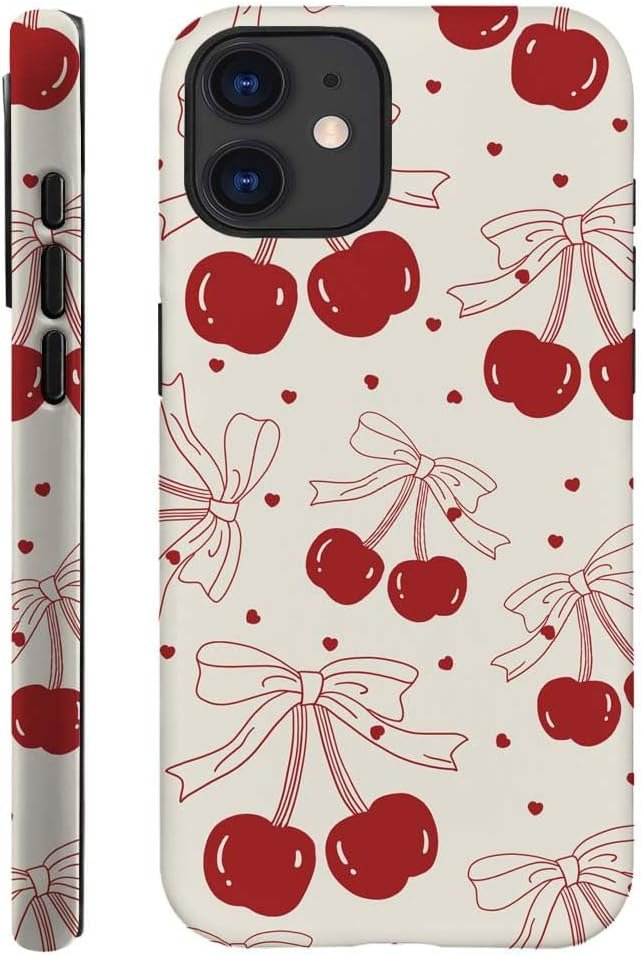 for iPhone 14 Plus Case,HH2 Red Cherry Bows Hybrid 2 Layer Hard Shell Silicone Protective Pattern Design Case