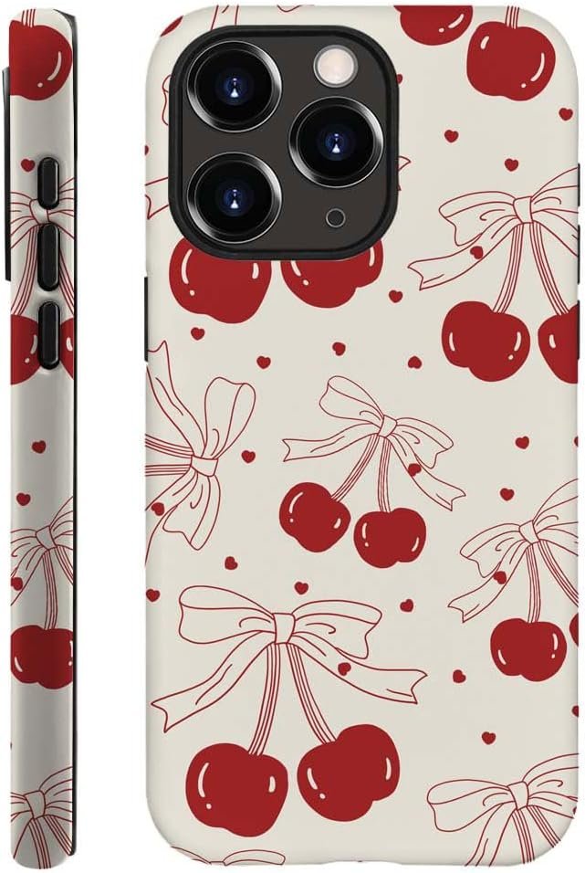 for iPhone 14 Plus Case,HH2 Red Cherry Bows Hybrid 2 Layer Hard Shell Silicone Protective Pattern Design Case