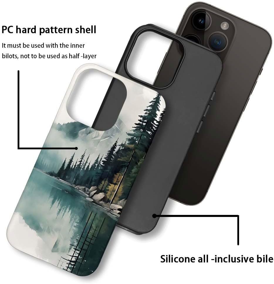 Case Compatible with for iPhone 13,Forest Lake Mountain Watercolor Phone Case Hybrid 2-Layer Hard Shell,Shockproof Soft for Girl Women Boy Men,Case for iPhone 13