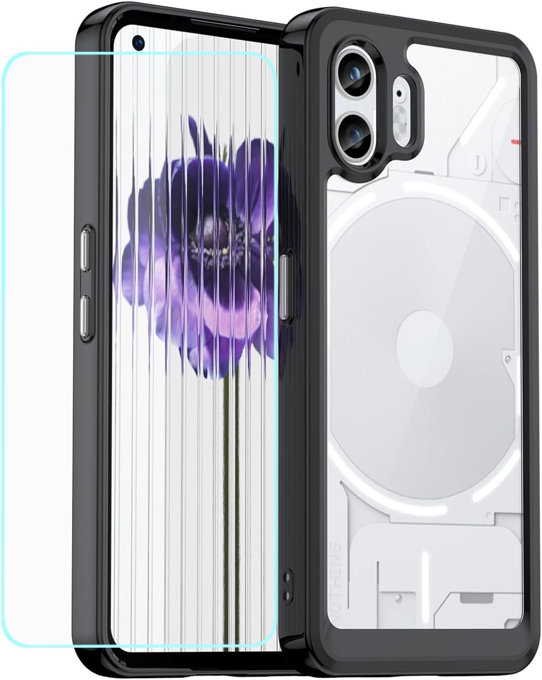 for Phone 2 Case,with Tempered Glass Film,Transparent Acrylic Back Shell Colored TPU,Shockproof Bumper,Protective Phone Cover for Phone 2,Black