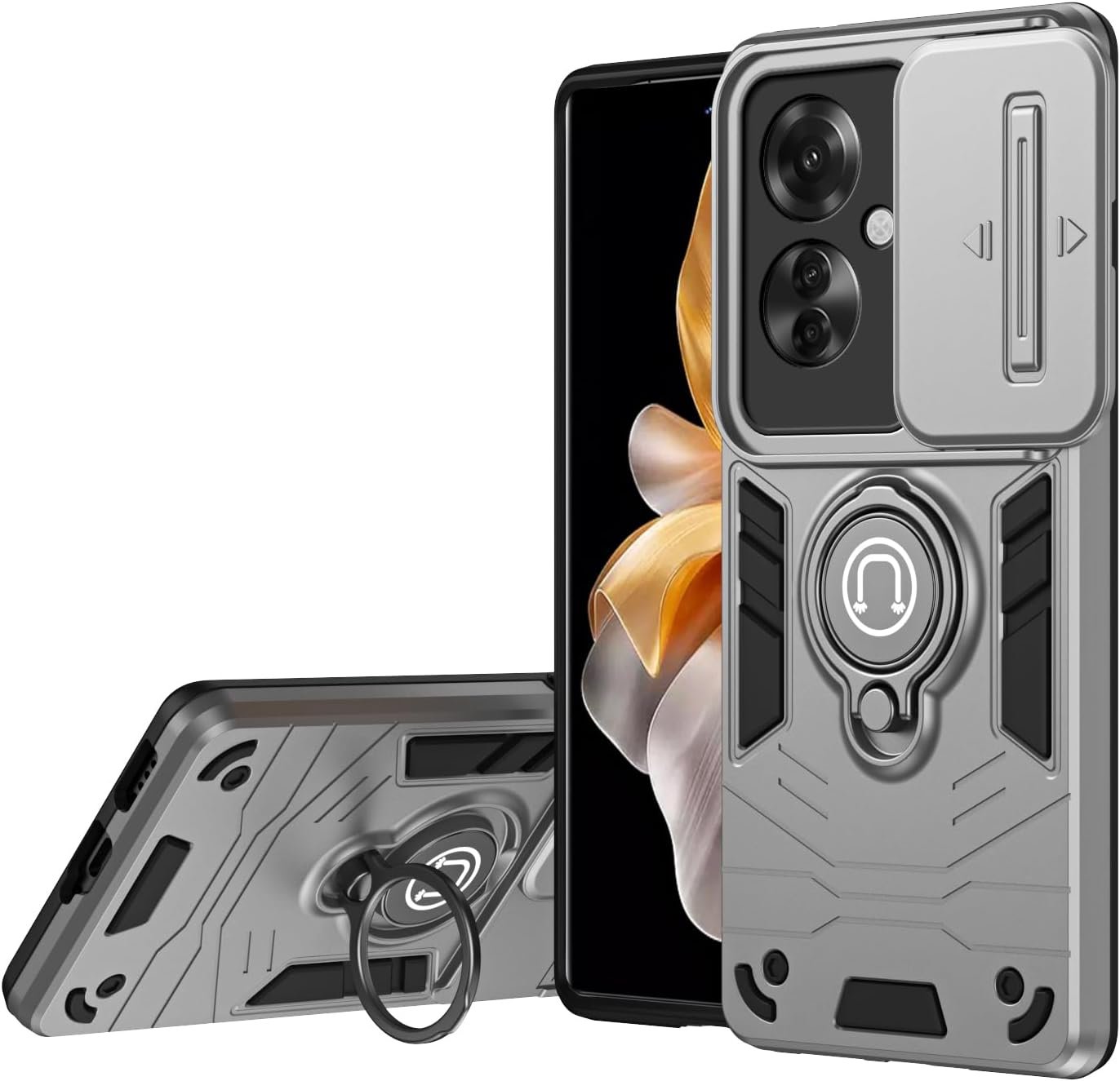 Compatible with 11 F 5G / F25 Pro 5G Bracket Shell,Camera Lens Protection Kickstand Car Mount 2 in 1 Anti-Fall Phone Case Cover Black