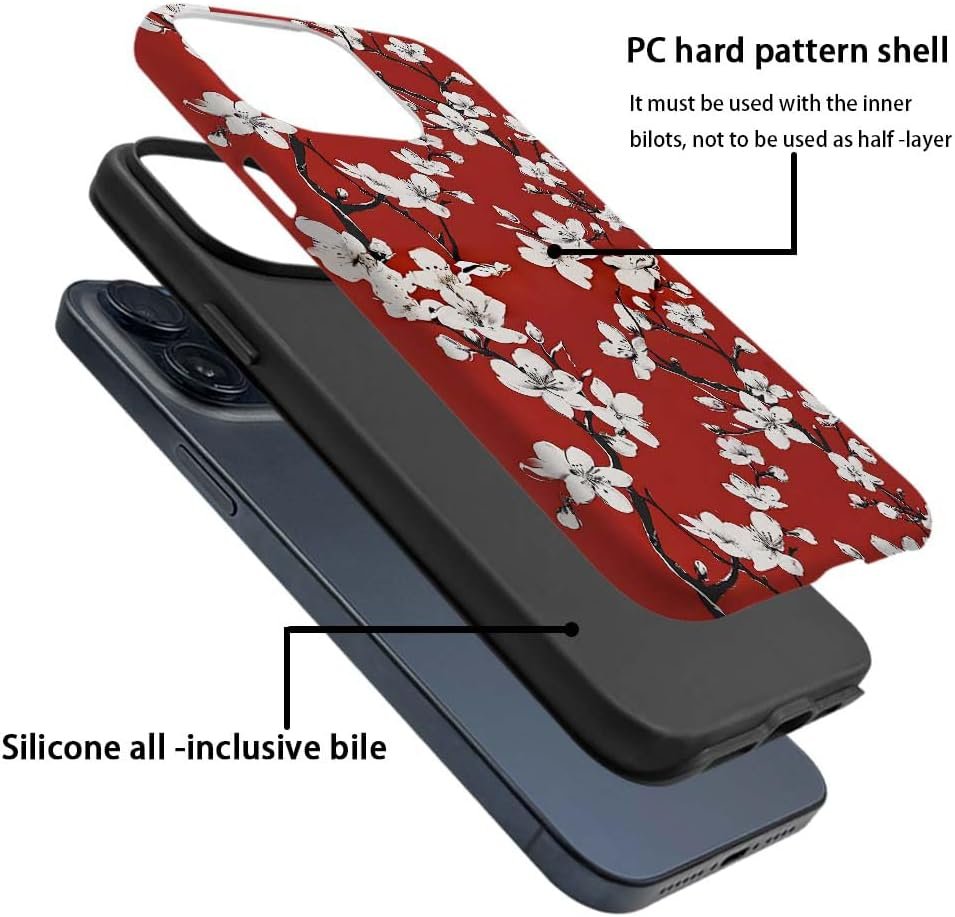 61wF6ZpYGtL._AC_SL1000 Phone Case Compatible with iPhone 14 Pro Max Case,Hybrid 2 Layer PC Hard Shell + Silicone Protective Case, Vintage Red Cherry Blossom Scratch-Resistant Shockproof Cover for iPhone 14 Pro Max