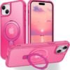 Magnetic Compatible with iPhone 14 Case with Stand [Military Grade Drop Tested][Compatible with Magnet] Ring Translucent Slim Hard Back Soft Edge, Rose Red