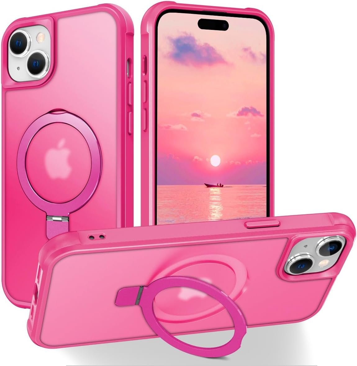 Magnetic Compatible with iPhone 14 Case with Stand [Military Grade Drop Tested][Compatible with Magnet] Ring Translucent Slim Hard Back Soft Edge, Rose Red