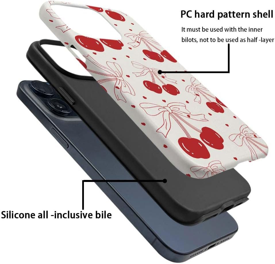 for iPhone 14 Plus Case,HH2 Red Cherry Bows Hybrid 2 Layer Hard Shell Silicone Protective Pattern Design Case