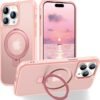 Magnetic Compatible with iPhone 14 Case with Stand [Military Grade Drop Tested][Compatible with Magnet] Ring Translucent Slim Hard Back Soft Edge, Rose Red