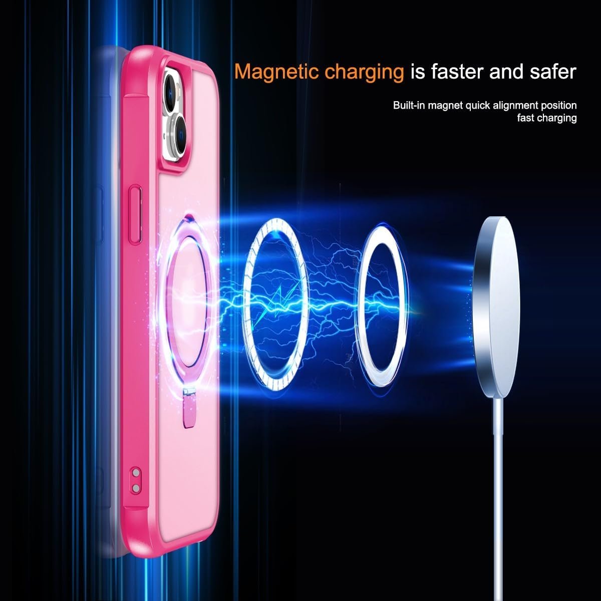 Magnetic Compatible with iPhone 14 Case with Stand [Military Grade Drop Tested][Compatible with Magnet] Ring Translucent Slim Hard Back Soft Edge, Rose Red