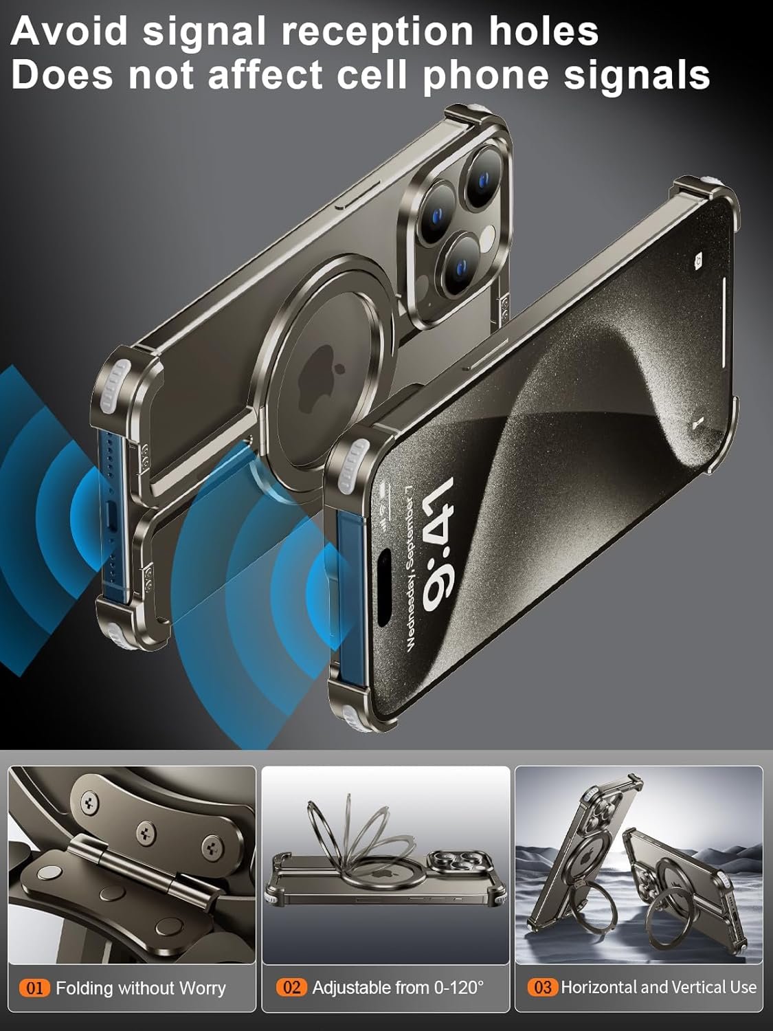 for iPhone Frameless Case with Magsafe, Magnetic Shockproof [Aerospace Grade Protection] Anti-Scratch Anti-Fingerprint Aluminum Shells with Built-in Kickstand (Natural Titanium, 15 pro max)