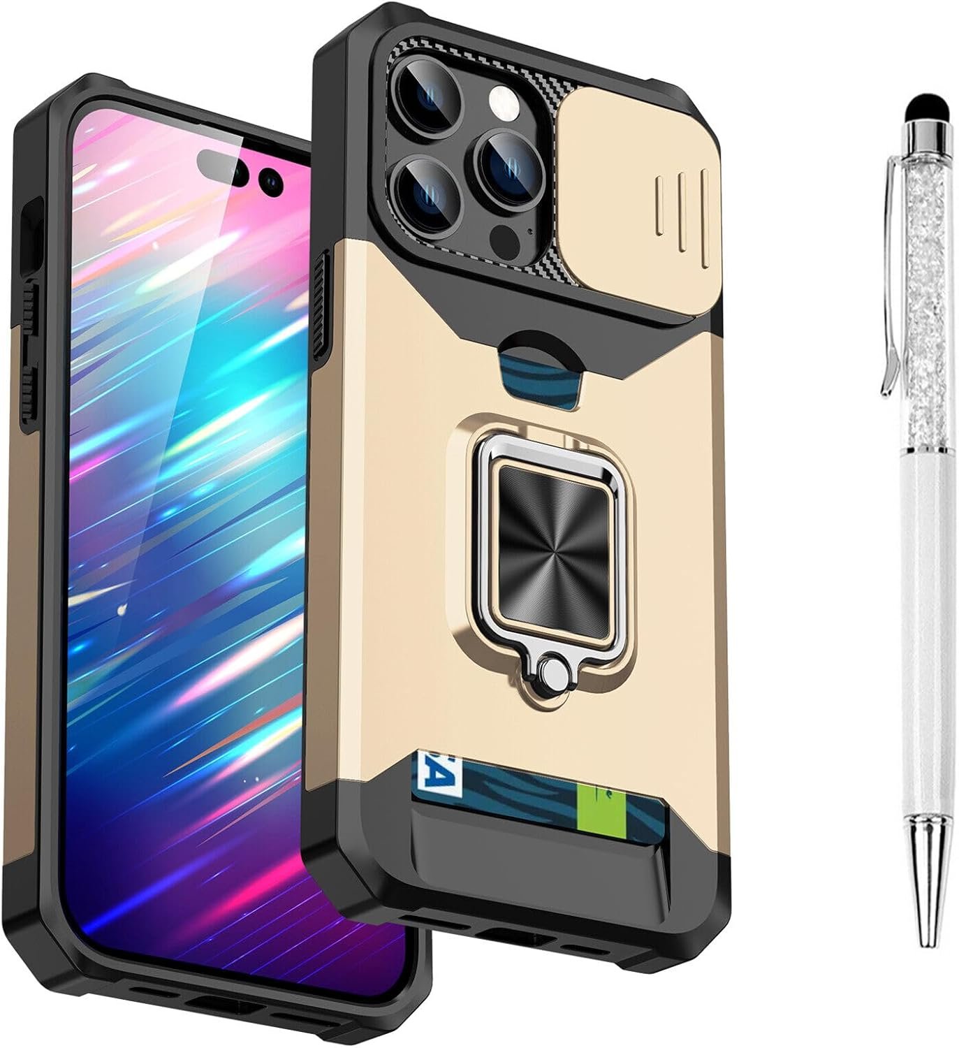 Compatible for iPhone 15 Pro TPU Case with Camera Protector | 360° Rotatable Ring Holder | Impact-Resistant Slide Len Cover | Magnetic Card Slots Stand Protective Shell with Stylus Pen | Purple