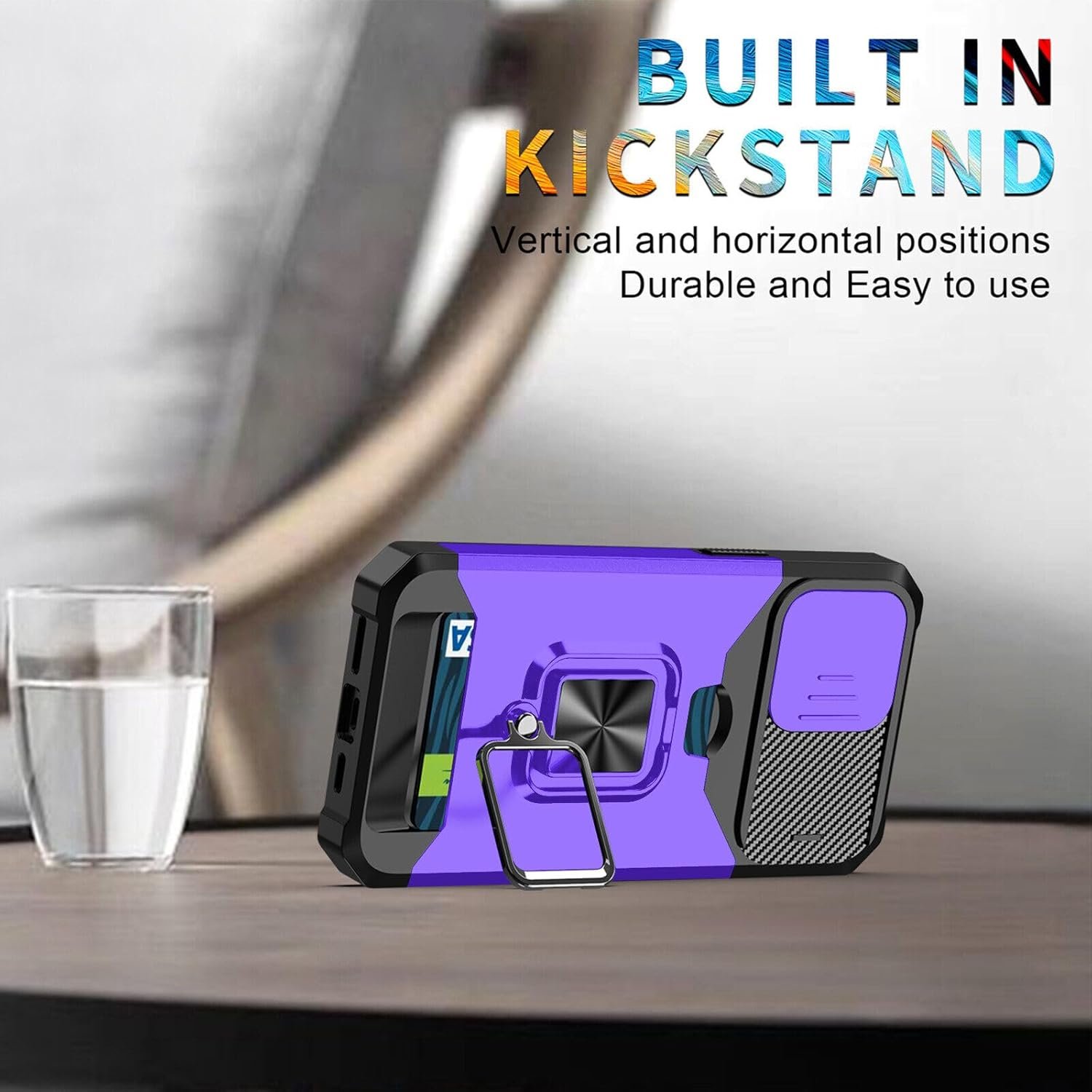 Compatible for iPhone 15 Pro TPU Case with Camera Protector | 360° Rotatable Ring Holder | Impact-Resistant Slide Len Cover | Magnetic Card Slots Stand Protective Shell with Stylus Pen | Purple