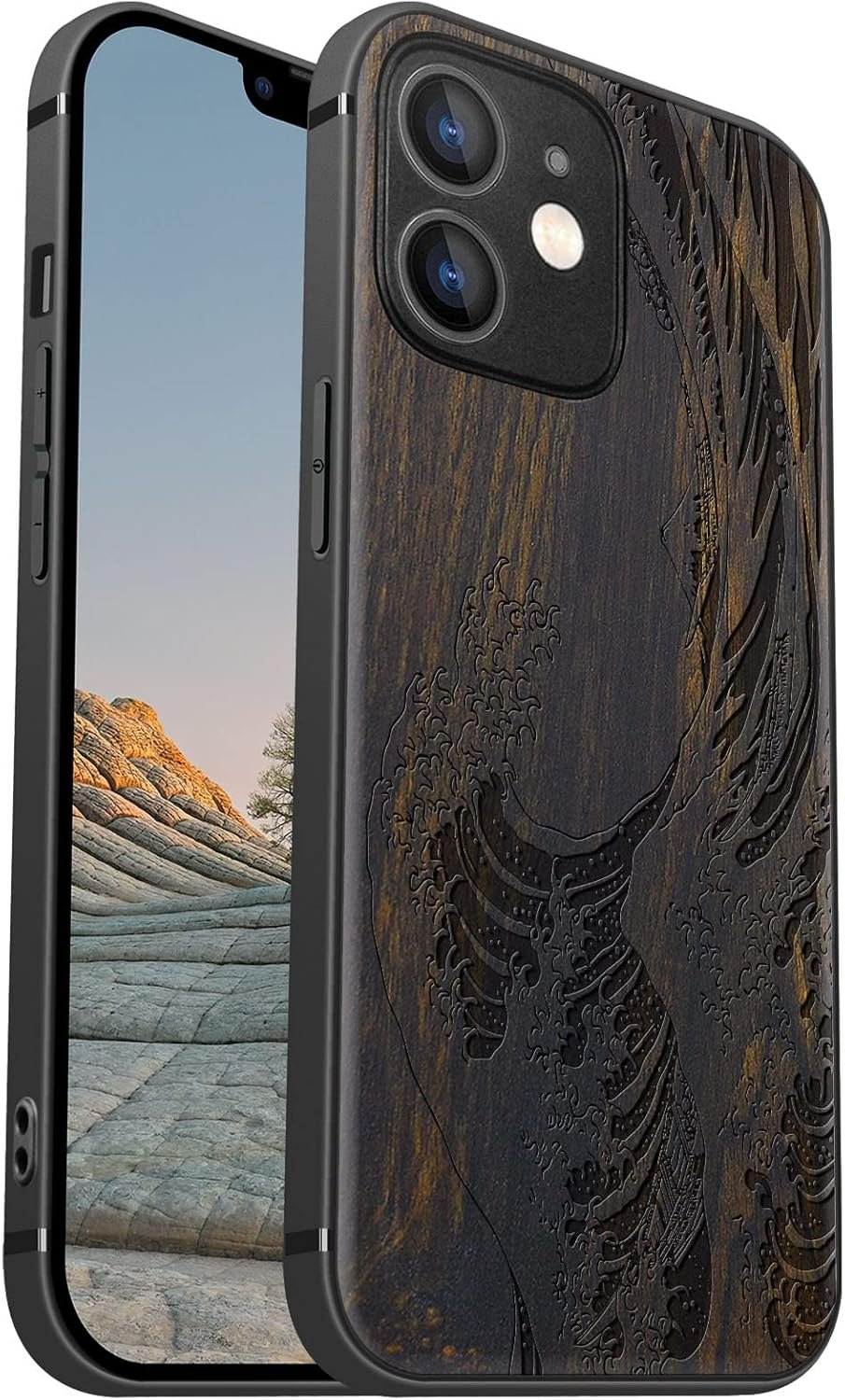 Magnetic Wood Case for iPhone 12 Case [Natural Wood & Soft TPU] Shockproof Protective Cover Unique & Classy Wooden Case Compatible with MagSafe (The Great Wave Off Kanagawa-Blackwood)