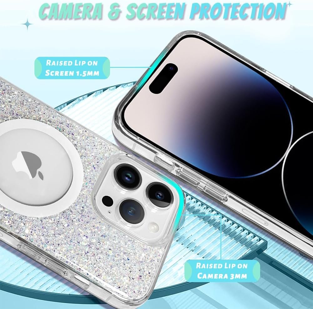 for iPhone 14 Pro Max Case, Sparkly Glitter Bling Back, Magnetic Support for Shockproof Case, Crystal and Clear High-Duty Protection for iPhone 14 Pro Max Case -Glitter Crystal