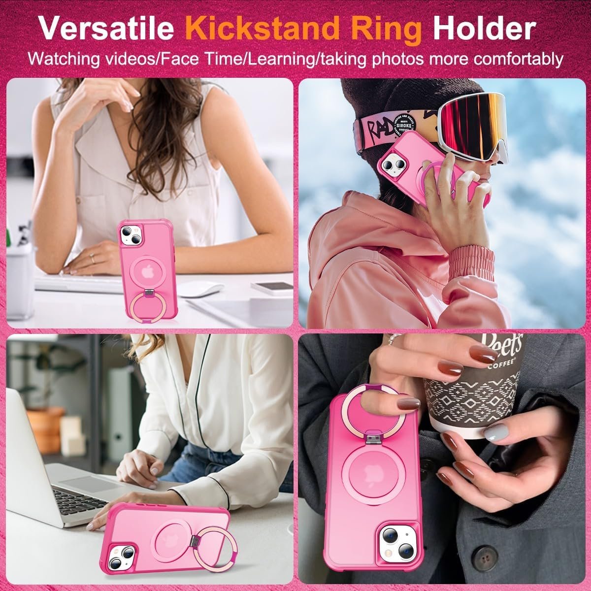 Magnetic Compatible with iPhone 14 Case with Stand [Military Grade Drop Tested][Compatible with Magnet] Ring Translucent Slim Hard Back Soft Edge, Rose Red