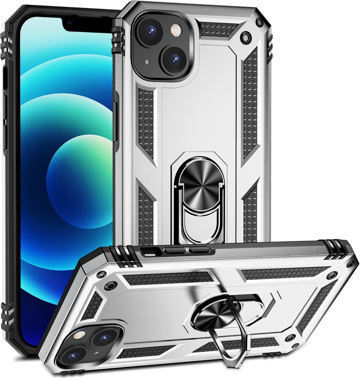 Innovatemee for iPhone 15 Case, Full Body Heavy Duty Rugged Shockproof Protective Phone Cover with Kickstand Military Grade Protection Shell for iPhone 15 Silver