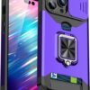 Compatible for iPhone 15 Pro TPU Case with Camera Protector | 360° Rotatable Ring Holder | Impact-Resistant Slide Len Cover | Magnetic Card Slots Stand Protective Shell with Stylus Pen | Purple
