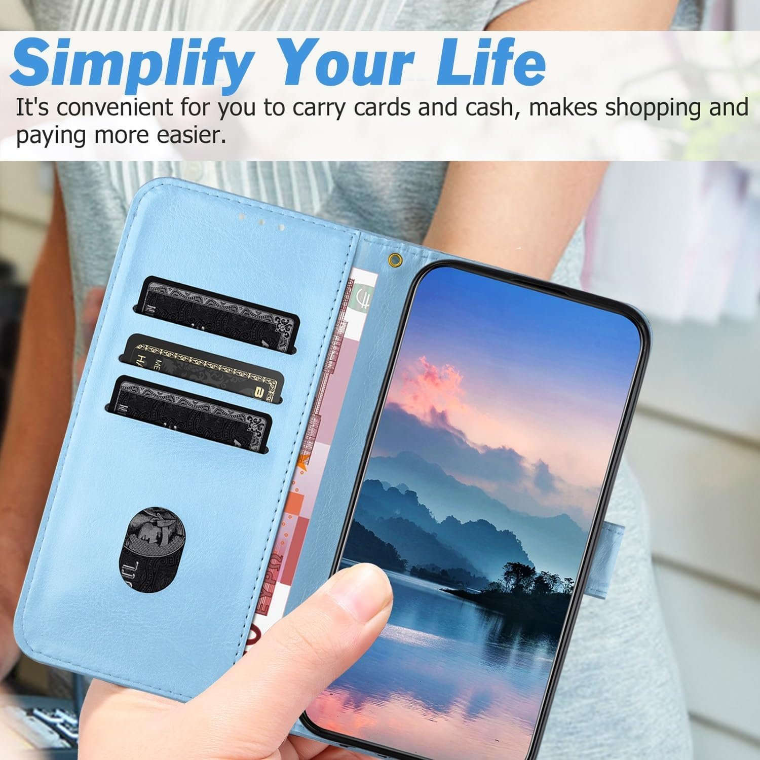 716Re0673IL._AC_SL1500 Cell Phone Case Wallet Wallet Case Compatible withP30 Pro Compatible with Women and Men,Flip Leather Cover with Card Holder, Shockproof TPU Inner Shell Phone Cover & Kickstand(Light Blue)
