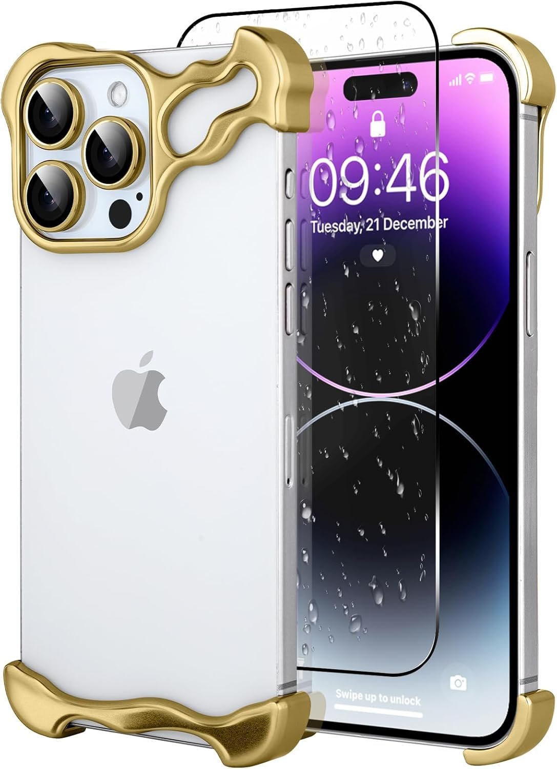Metal Frameles Phone Case Compatible with iPhone 13 Pro Phone Case, Minimalist Protective, Shock Absorption, Aerospace Grade Aluminum Frameles Shells Screen Protective (Metal Gold)