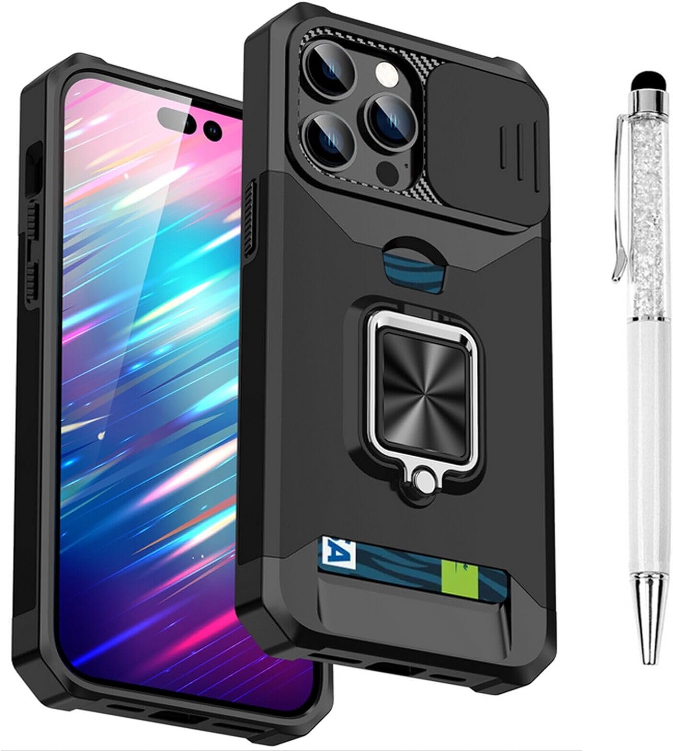 Compatible for iPhone 15 Pro TPU Case with Camera Protector | 360° Rotatable Ring Holder | Impact-Resistant Slide Len Cover | Magnetic Card Slots Stand Protective Shell with Stylus Pen | Purple