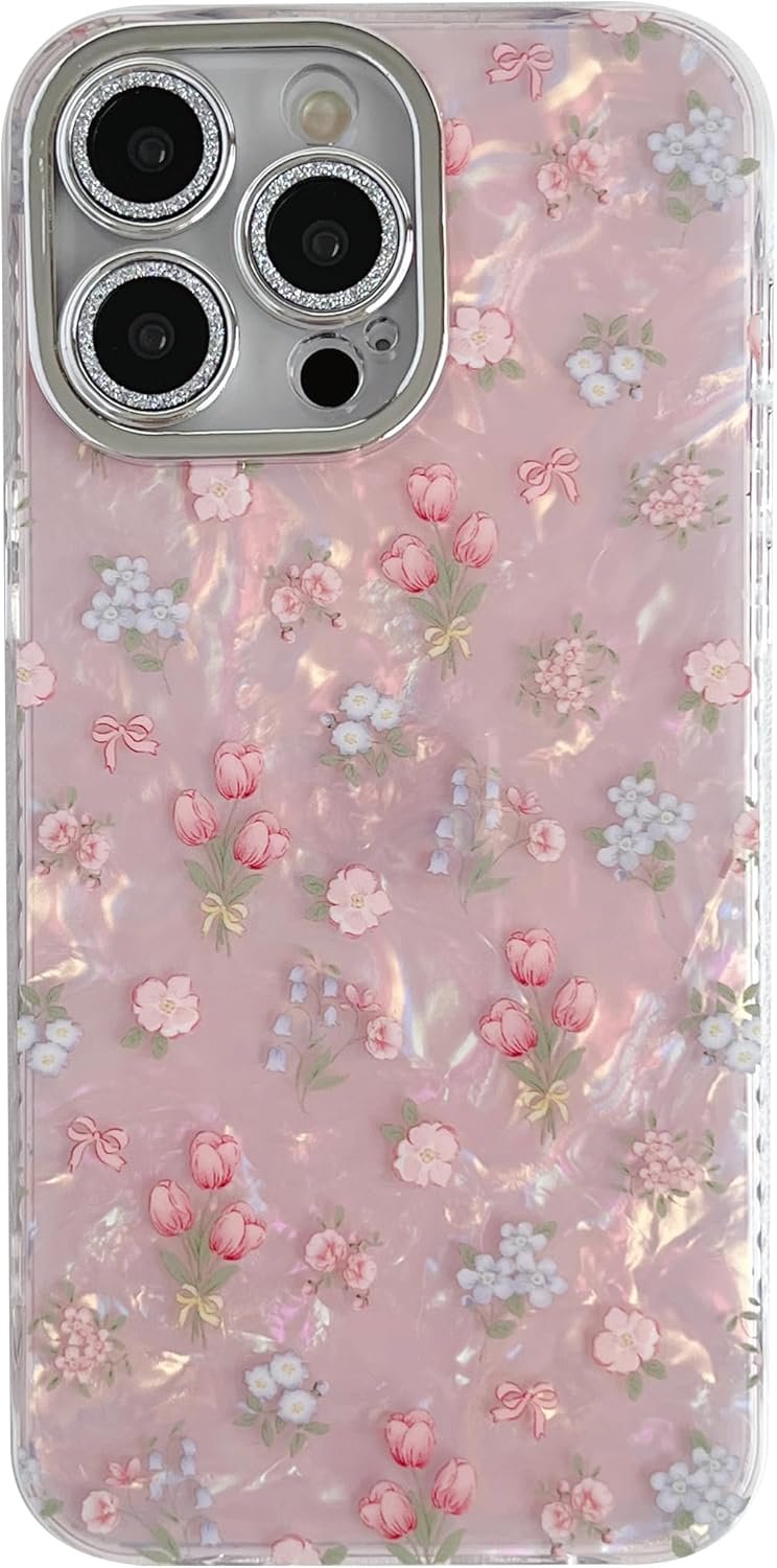 Cute Tulip Flowers Bow Shell Pattern Phone Case Compatible with iPhone Case (White,iPhone 14)