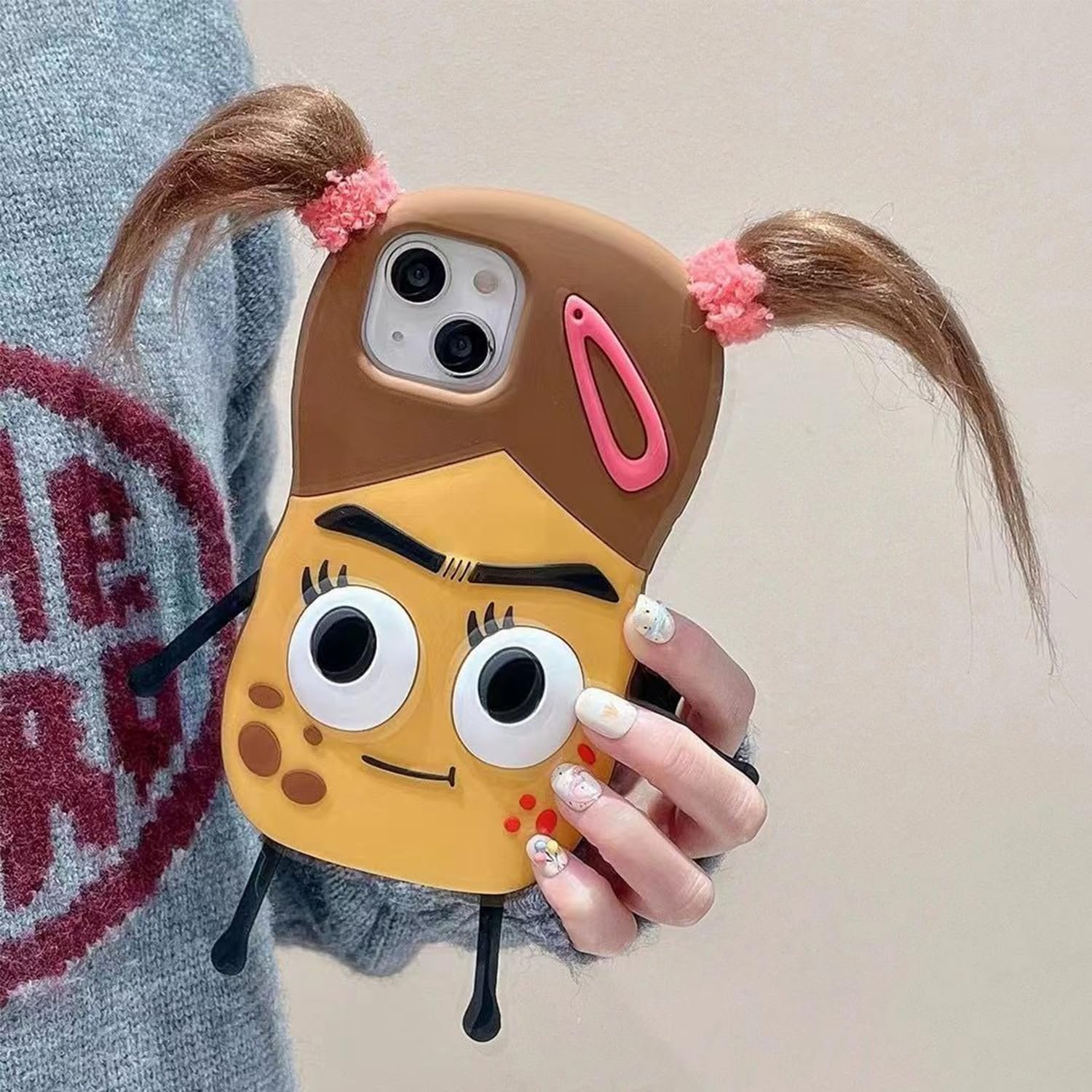 iPhone13 14 15Pro Super Thick Soft Silicone Shell,Ugly Three-Dimensional Big Eyes Sausage Mouth 3D Cartoon Interesting Interesting Cute Fashion Girl Phone Case Multicolor