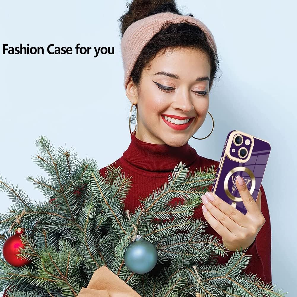 Innovatemee Magnetic Case Designed for iPhone 13 Compatible with MagSafe Wireless Charging,Cute Butterfly Phone Bumper Cover with Camera Lens Protector for Women Girls Men 6.1"- Purple